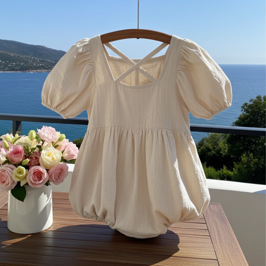 Cotton Linen Short-Sleeved Back Cross Romper